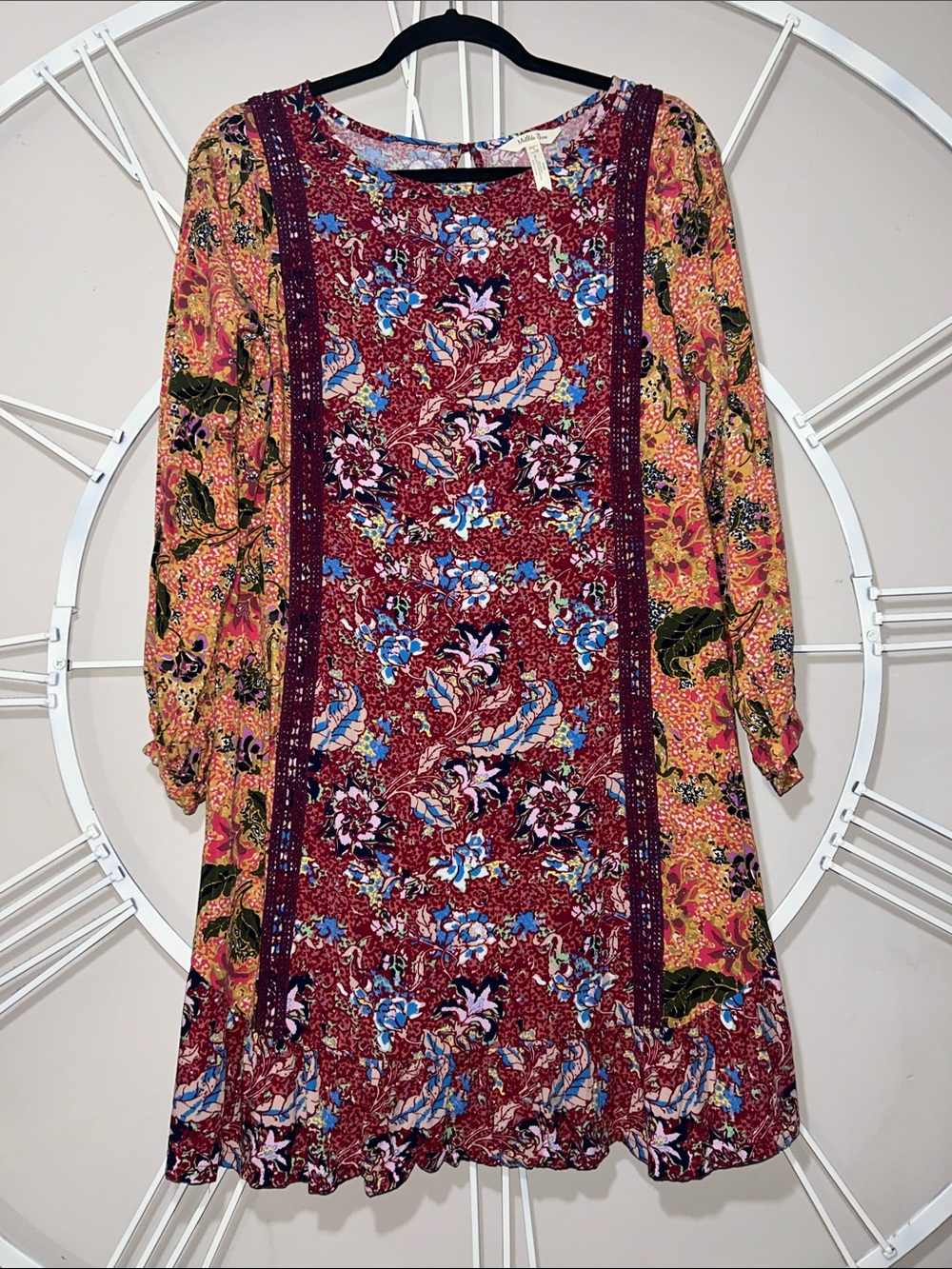 Matilda Jane “Lovely Menagerie” Maroon & Mustard Patchwork Long Sleeve Dress
